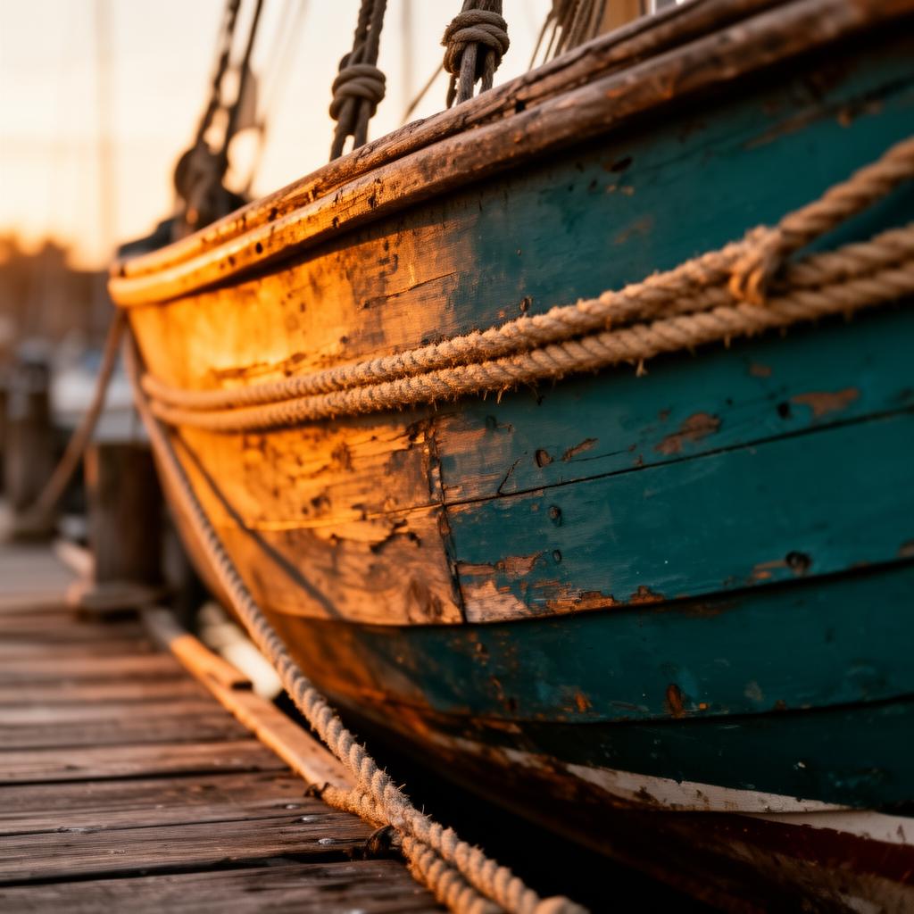 Close-up of weathered wooden boat hull with rope at golden hour