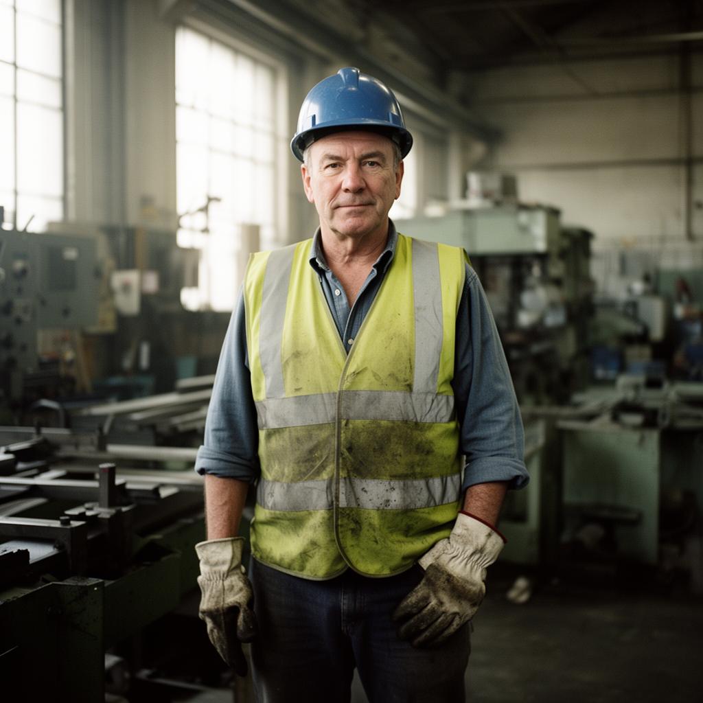 Blue collar worker in a high-visibility vest and hard hat standing in a manufacturing facility