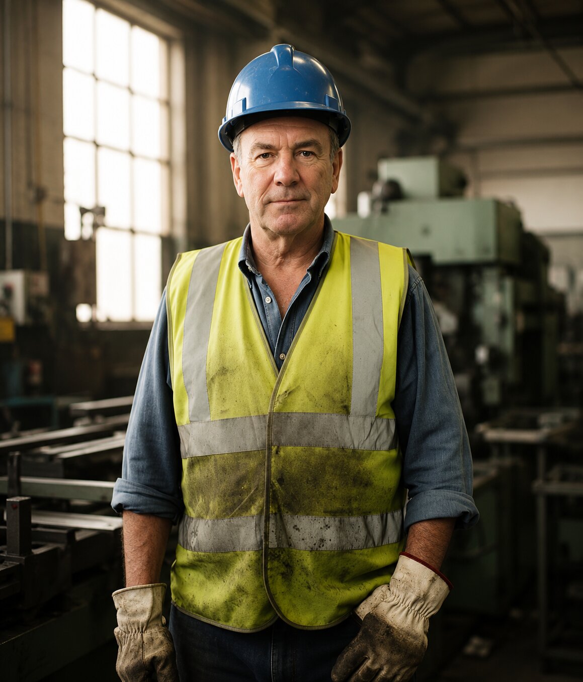 Blue collar worker in a high-visibility vest and hard hat standing in a manufacturing facility