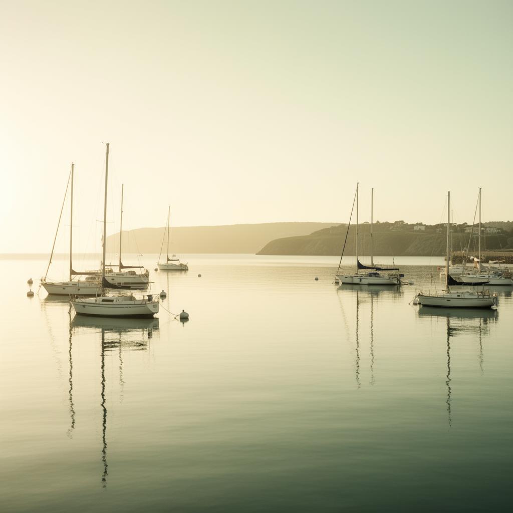 Calm harbor at golden hour with sailboats moored in still water
