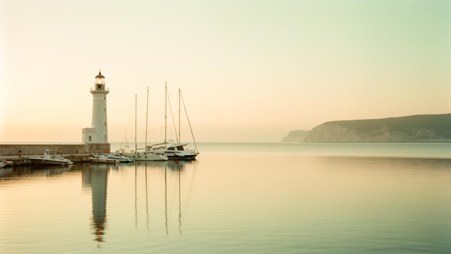 Tranquil harbor at golden hour with a lighthouse, moored sailboats, and calm reflective water