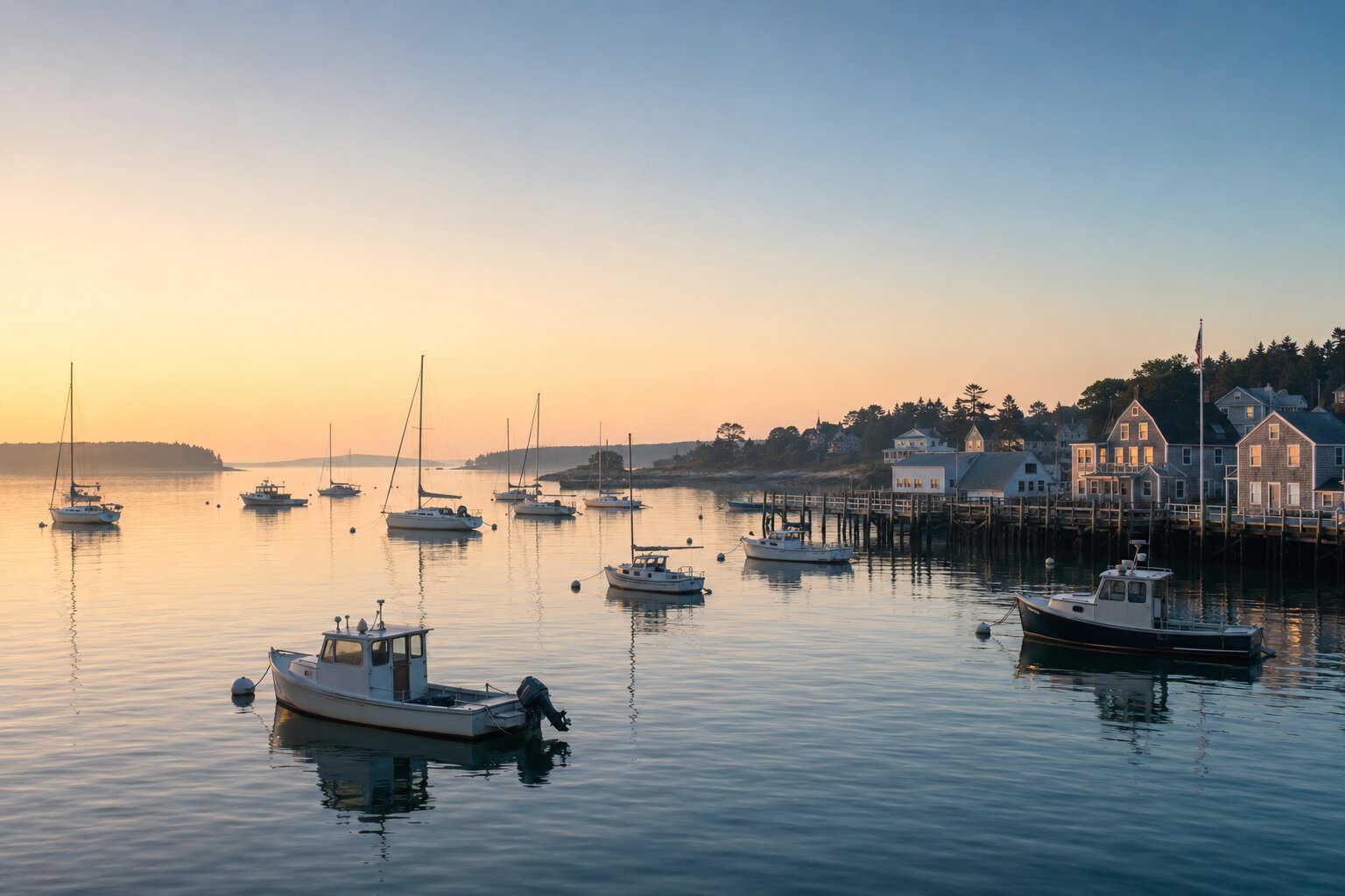 Coastal harbor at sunrise with moored fishing boats, sailboats, and a waterfront village