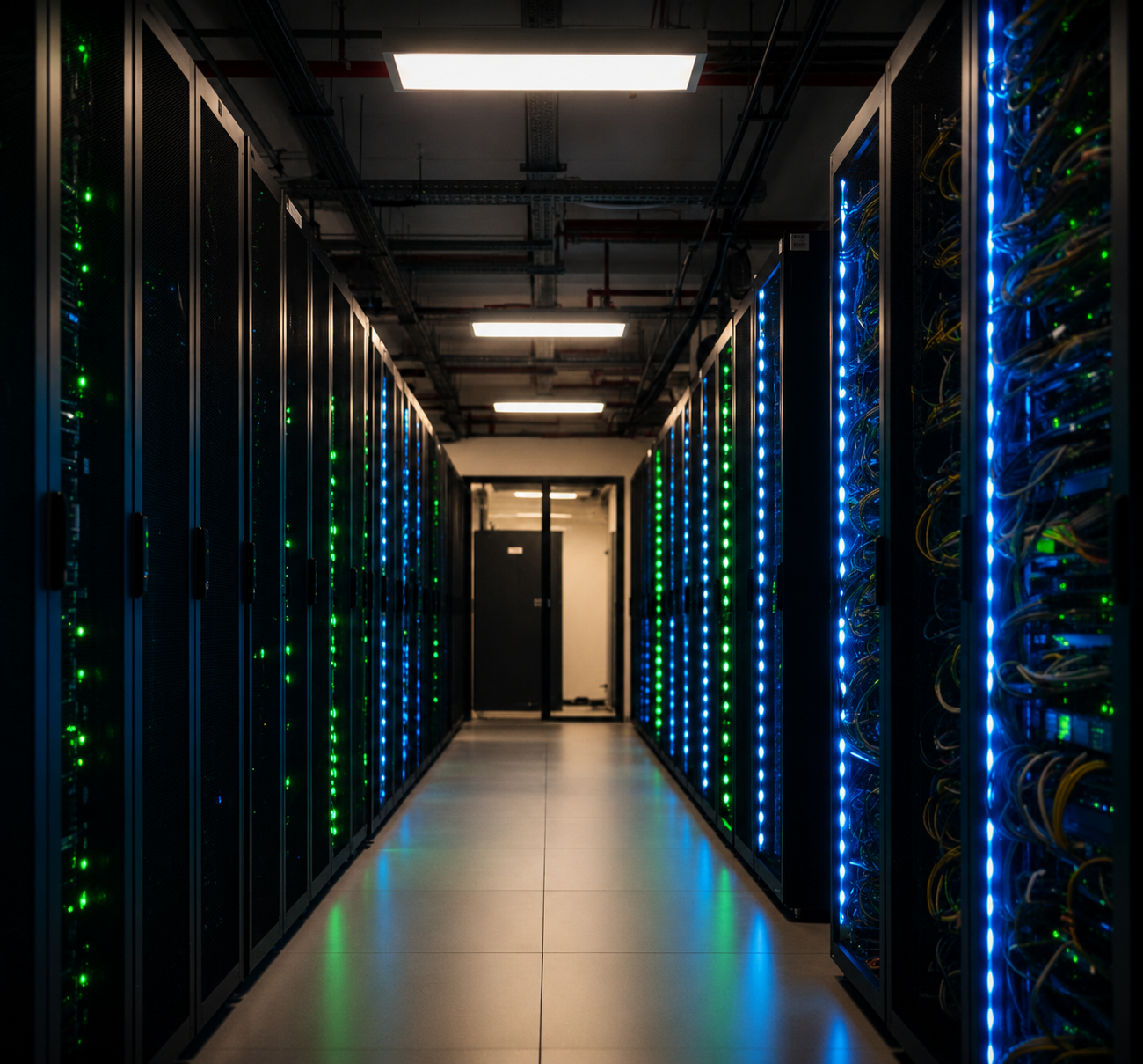 Technician inspecting servers in a digital infrastructure facility