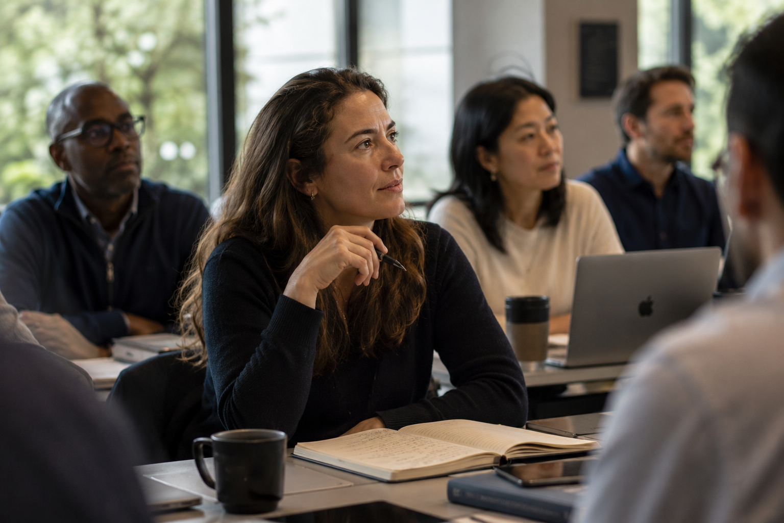 Mid-career professional in an executive education program during a small group discussion