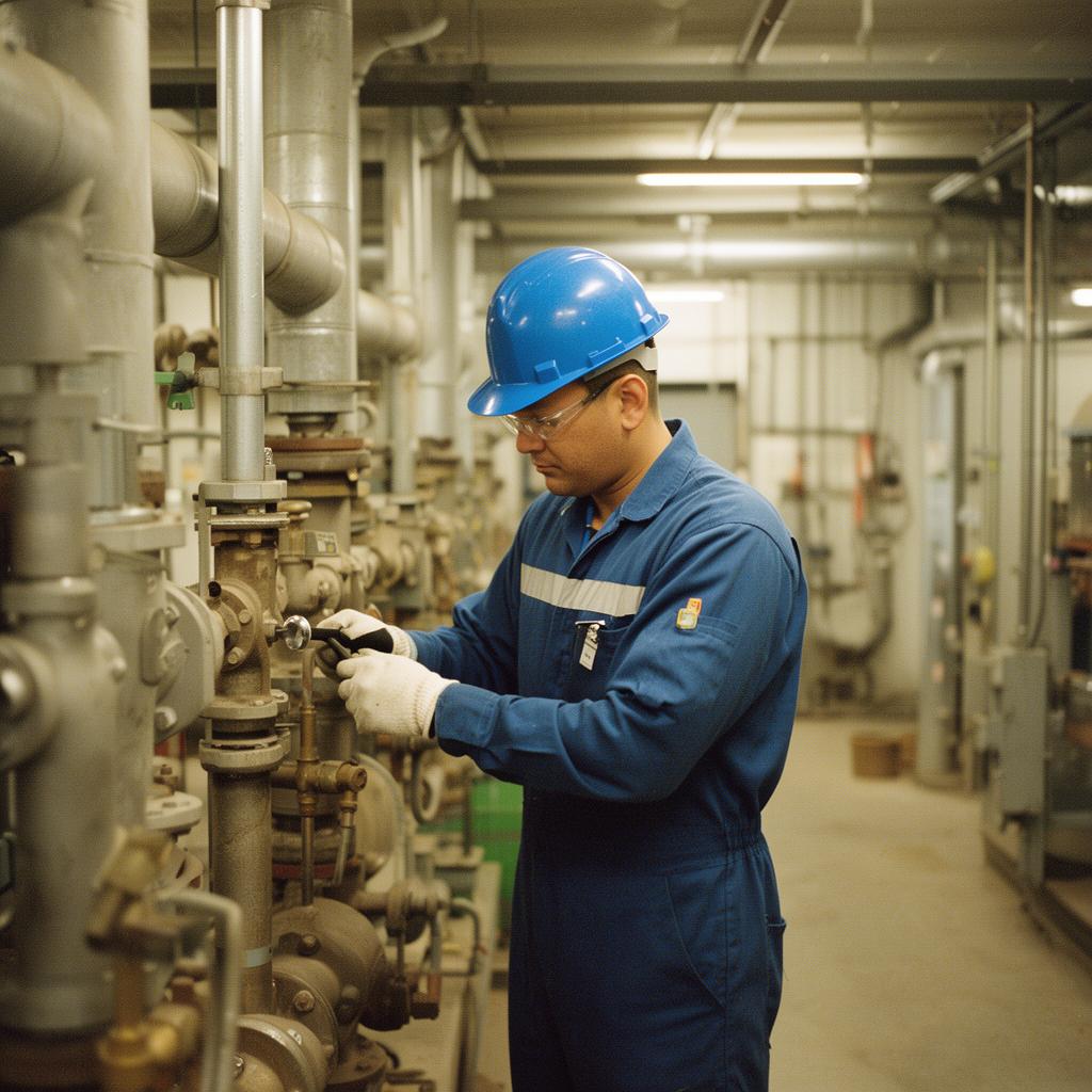 Industrial worker performing maintenance at an essential services facility