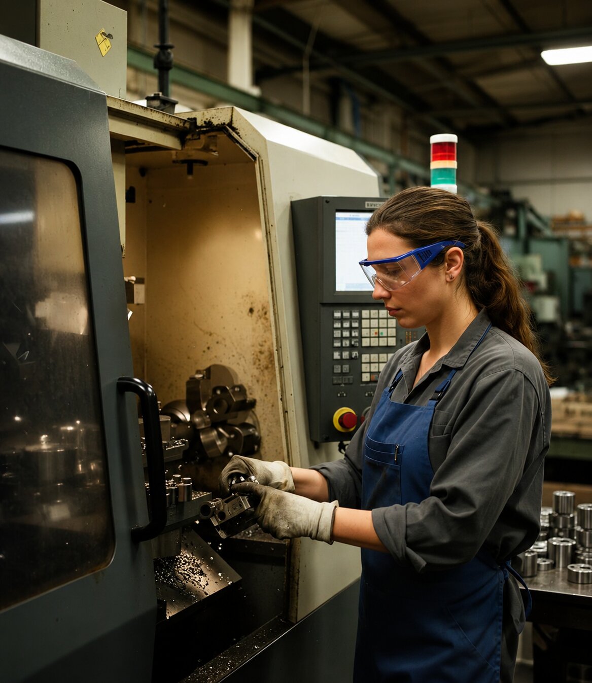 Machinist operating a CNC machine producing precision metal parts