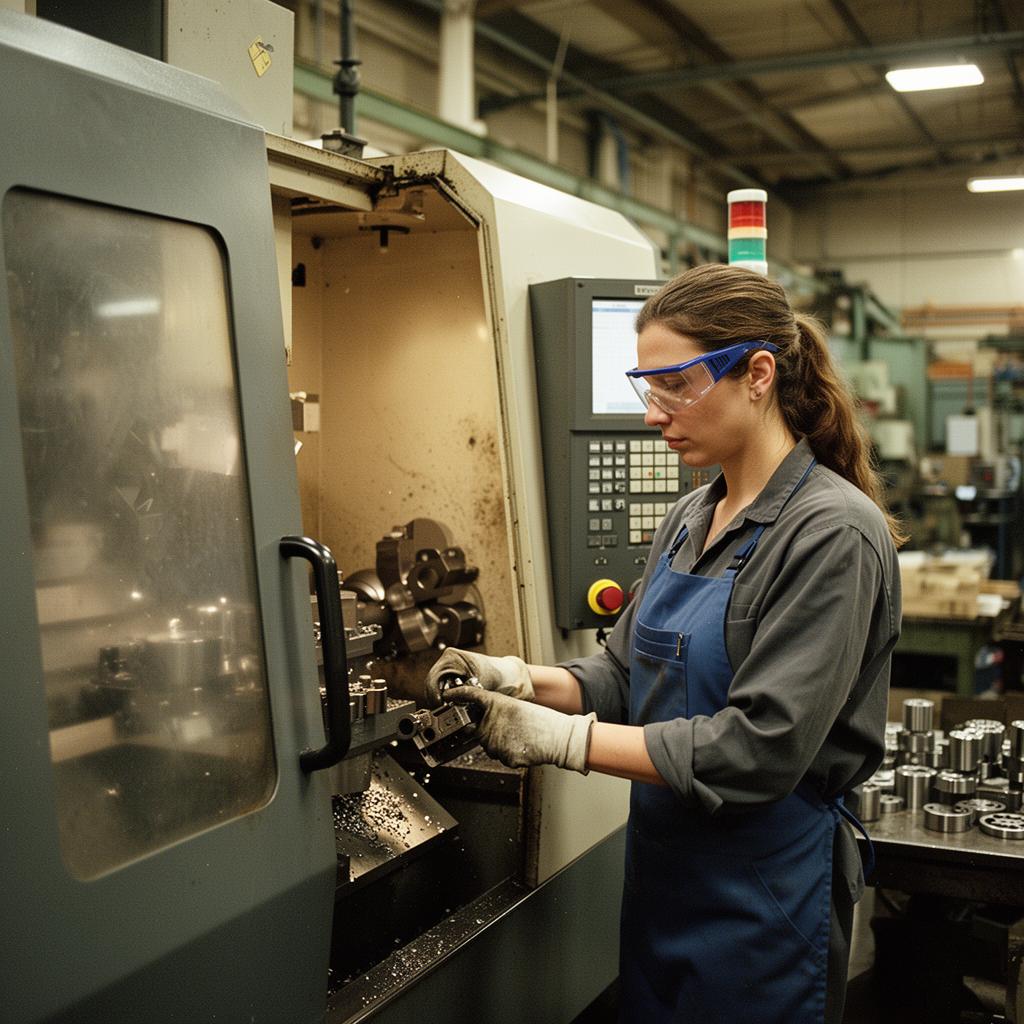 Machinist operating a CNC machine producing precision metal parts