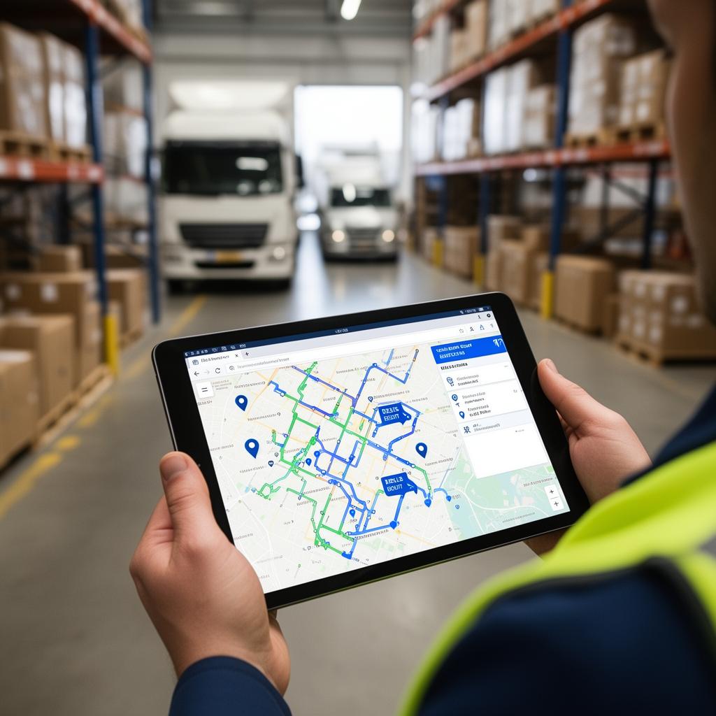 Operations manager holding a tablet with delivery routes and fleet tracking in a modern warehouse